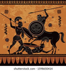 Ancient Greek Painting.Pottery Art.Centaur,hero,spartan,myth.Ancient Civilization Culture.Ancient Greece Warrior