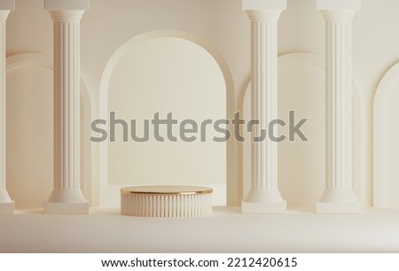 Ancient Greek style pillar three podiums and door Classic pastel cream color background for cosmetic products stage and advertising space. 3D render illustration Imagine de stoc © 