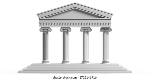 Ancient greek temple facade with four marble columns, pediment and stairs isolated on white background. Authority, court, education building. 3d illustration