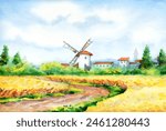 Ancient Holland Europe old city scene picture sketch text space. Blue sunny day. Dirt path way in golden dry ripe ear garden grow bush. Bright gold color antique Dutch town barn hut cloudy scenic view