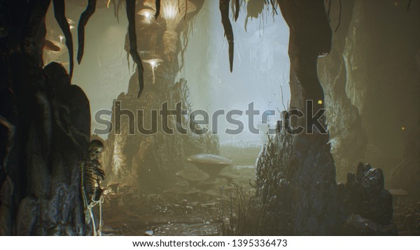 古代の巨大な空想の洞窟には 古代のキノコや砂埃が満ち溢れていた不思議な霧 3dレンダリング のイラスト素材