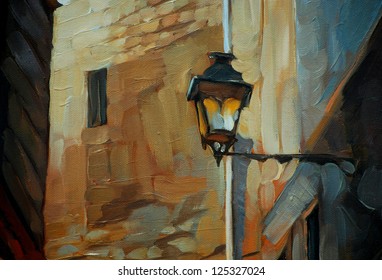 Ancient Lantern In Gothic Quarter Of Barcelona, Painting,  Illustration