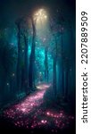 ancient magical forest, tall pink trees, moonlit, with bioluminescent mushrooms, fireflies, pale blue fog, mysterious, twinkling stars, cinematic lighting, photoreal