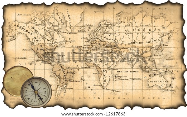 世界の古い地図 破れた焦げた縁 羅針盤 のイラスト素材