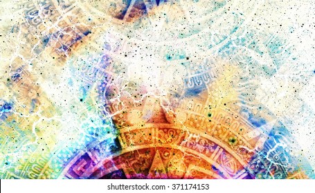 Ancient Mayan Calendar, abstract color Background, computer collage
