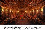 Ancient medieval dining hall with meat roasting over an open fire. 3D illustration.