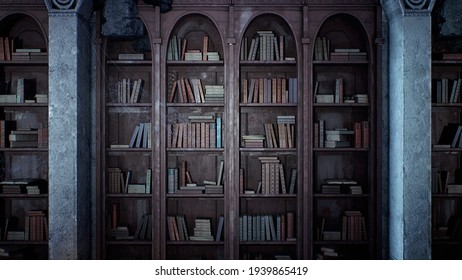 An ancient medieval library with old books and cobweb-covered bookshelves. 3D Rendering.