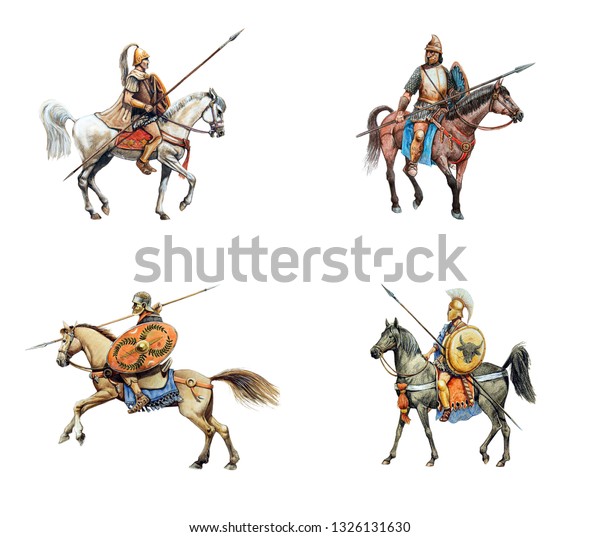 古代の騎馬武者 4つの分離型歴史イラストのセット のイラスト素材