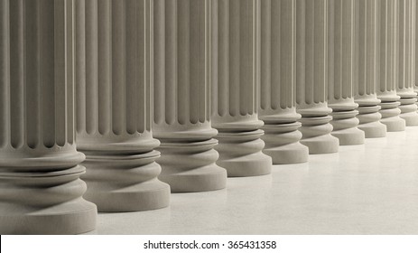 Ancient Pillars In A Row On Marble Floor.