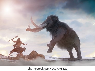 an ancient primitive caveman hunts a mammoth 3d illustration