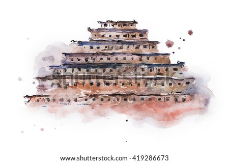 ancient pyramid of niches watercolor painting. Mexico