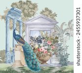 Ancient Roman ruins garden with peacock, flower vase, column illustration for wallpaper