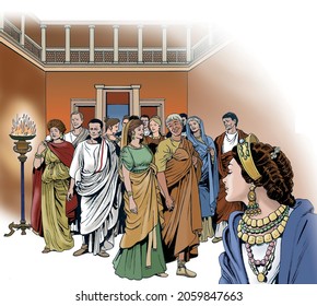 Ancient Rome - Elegantly dressed Romans enter a Roman house for a party