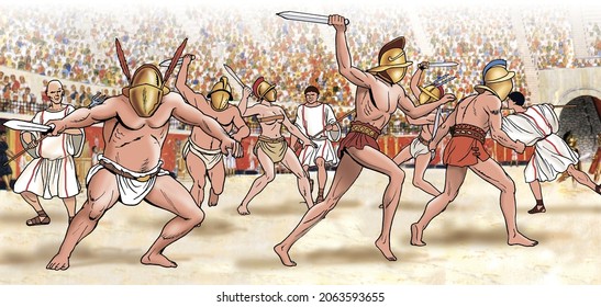 Ancient Rome - Fight between gladiators surrounded by the Andabatae