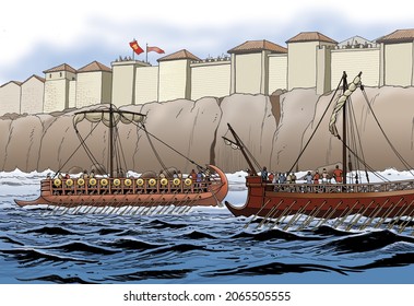 Ancient Rome - Phoenician ships near a Roman fortress