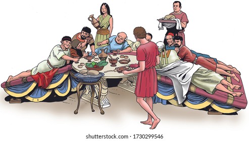 Ancient Rome - Roman Patrician dine on tricliniums, a formal dining room in a Roman building