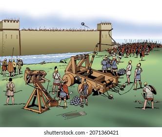 Ancient Rome - Roman soldiers attack the walls of a city with catapults
