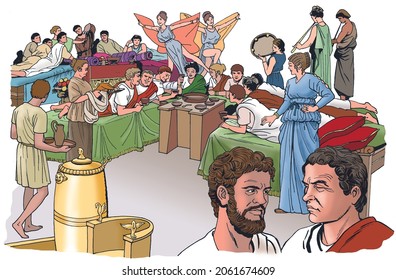 Ancient Rome - A Roman-style banquet, with numerous guests lying on the klinai