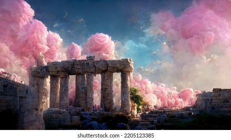 Ancient ruins with columns surrounded by magenta clouds