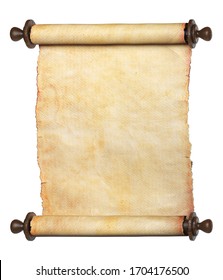 Ancient scroll parchment with wooden handles. Clipping path included. 3d illustration.