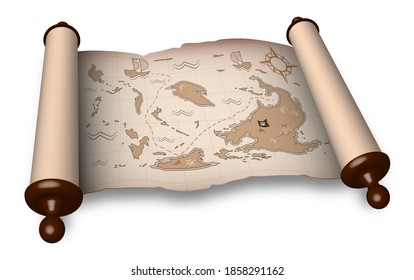 Ancient Scroll With Pirate Map In Cartoon Style. Children Games, Treasure Hunt. Old Map With Treasure Hunt Route. 3d