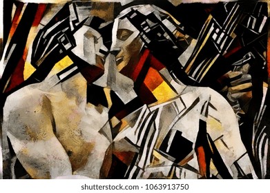 Ancient sculpture of ancient Greek historical monuments. A masterpiece of world culture in the style of abstraction of cubism. The picture is made by oil on canvas with elements of acrylic painting.