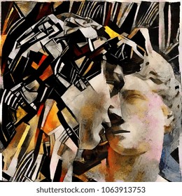 Ancient Sculpture Of Ancient Greek Historical Monuments. A Masterpiece Of World Culture In The Style Of Abstraction Of Cubism. The Picture Is Made By Oil On Canvas With Elements Of Acrylic Painting.