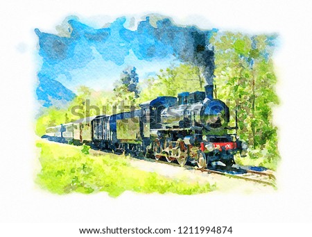 Ancient steam train running on tracks in the countryside on a sunny day. Watercolor painting.