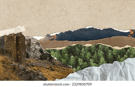 An ancient stone fortress stands on a hill against the backdrop of a green forest and mountains. Abstract landscape with torn deckled paper edges. Preservation of the old heritage concept. - Powered by Shutterstock