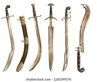 Ancient Swords Saber Realistic Fantasy Set Stock Illustration ...