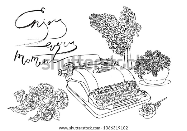 Ancient typewriter, bouquet of flowers, roses and\
lilacs. Graphic elements drawn with ink. Lettering phrase \