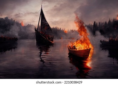 An Ancient Viking Funeral With A Boat Set On Fire, Burning. Traditional Norse Burial By Burning A Boat In The Water. Medieval Scandinavian Death Ritual In A Historic Digital Illustration Wallpaper.