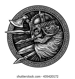 Ancient Viking Head  In A Ring With Scandinavian Ornament Logo For Mascot Design. Graphic Illustration. The Ax , A Sword , A Spear