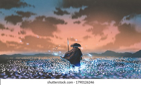 ancient warrior with the magic spear standing in the field, digital art style, illustration painting