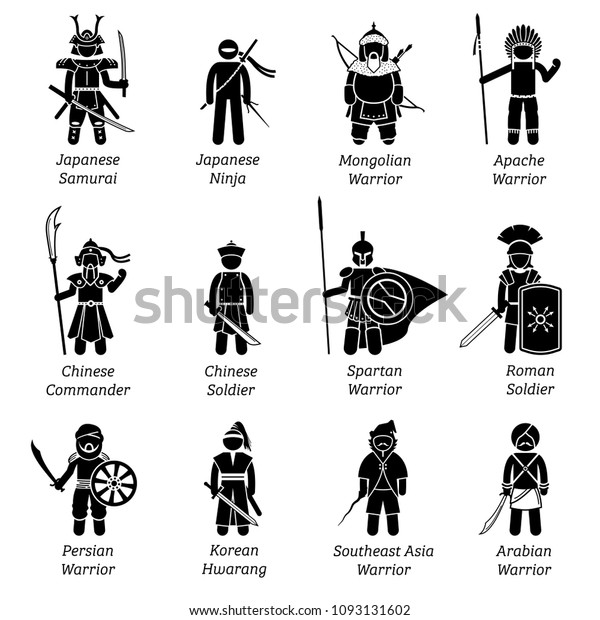 世界中の古代の戦士 古代の兵士 軍隊 戦闘員 衣装 衣服 武器 武器 武器など 歴史を通じて様々な王朝や帝国の武器が描かれている のイラスト素材