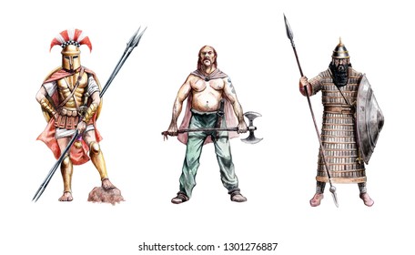 Ancient warriors. Greek Hoplit, Assyrian and Frankish warrior. Historical illustration.