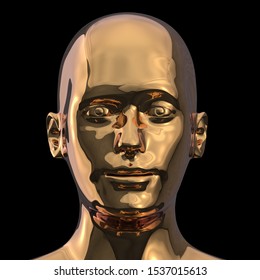 Android Iron Head Shot Portrait Of Single Man Face Close-up Gold Polished. Futuristic Human Character Robot Metallic Stylized. 3d Rendering. Isolated On Black