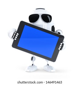 Android robot holding blanc screen mobile device. Isolated