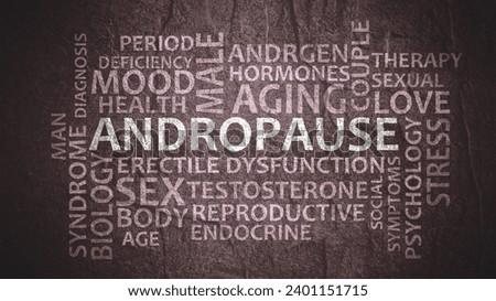 Andropause theme typography graphic work, consisting of important words and concepts. Symptoms middle-aged men testosterone level