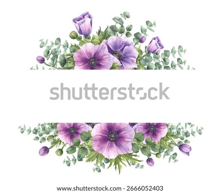 Anemone with eucalyptus branches rectangular frame. Watercolor Purple flower, pink buds green leaves floral banner. Isolated Hand drawn illustration template for greeting, wedding, save the date card.