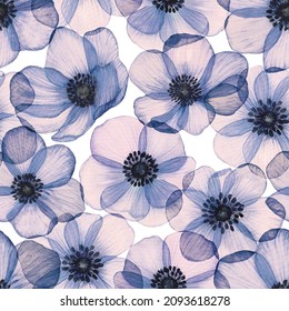 Anemones Seamless Pattern Floral Watercolor Print Purple Translucent Flower Background