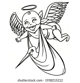 Angel Baby Carrying Stork, Funny Illustration, Black and White Outline