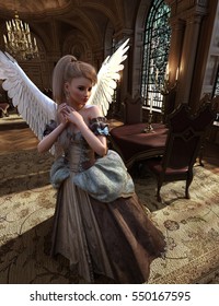 Angel In Ball Gown In Medieval Dining Hall Room 3D Illustration