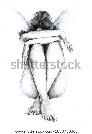 Angel Girl Pencil Drawing Sad Girl Stock Illustration Royalty Free