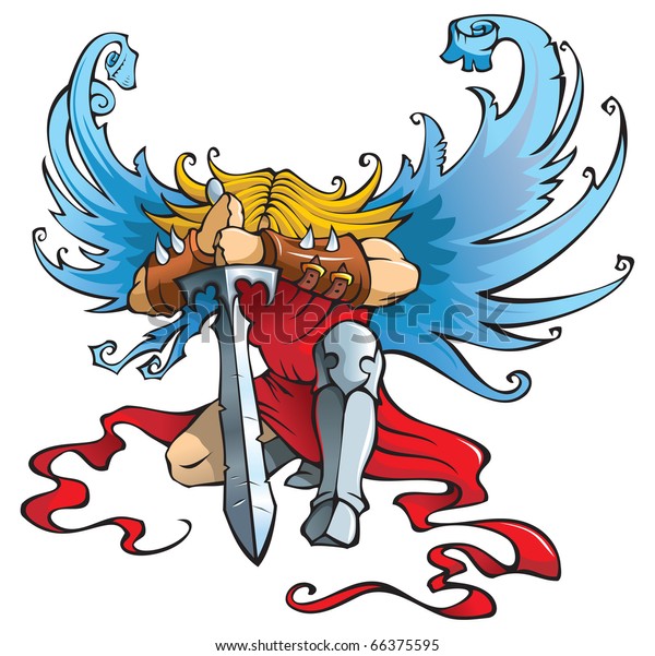 Angel Large Sword Kneeling Open Wings Stock Illustration 66375595