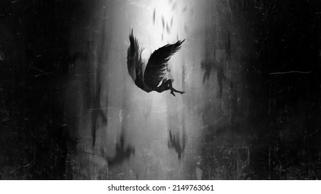 The angel Lucifer, exiled from paradise, falls from heaven, unable to fly on his broken black wings anymore, black silhouettes of people fall with him into the black abyss. 2d religious art
