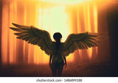 An angel in mystic forest,3d illustration