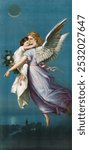 The Angel of Peace (1901), vintage angel illustration by B. T. Babbitt. Vintage angel higging a child art drawing illustration, old painting art print of angel flying during night.