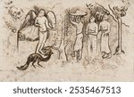 Angel, Peacock, and Three Tahitians (ca. 1902) by Paul Gauguin. Christian angel with wing illustration. Vintage with wings art drawing illustration, old painting art print of angel.