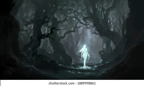 Angel In The Quiet Primeval Forest, Digital Painting.